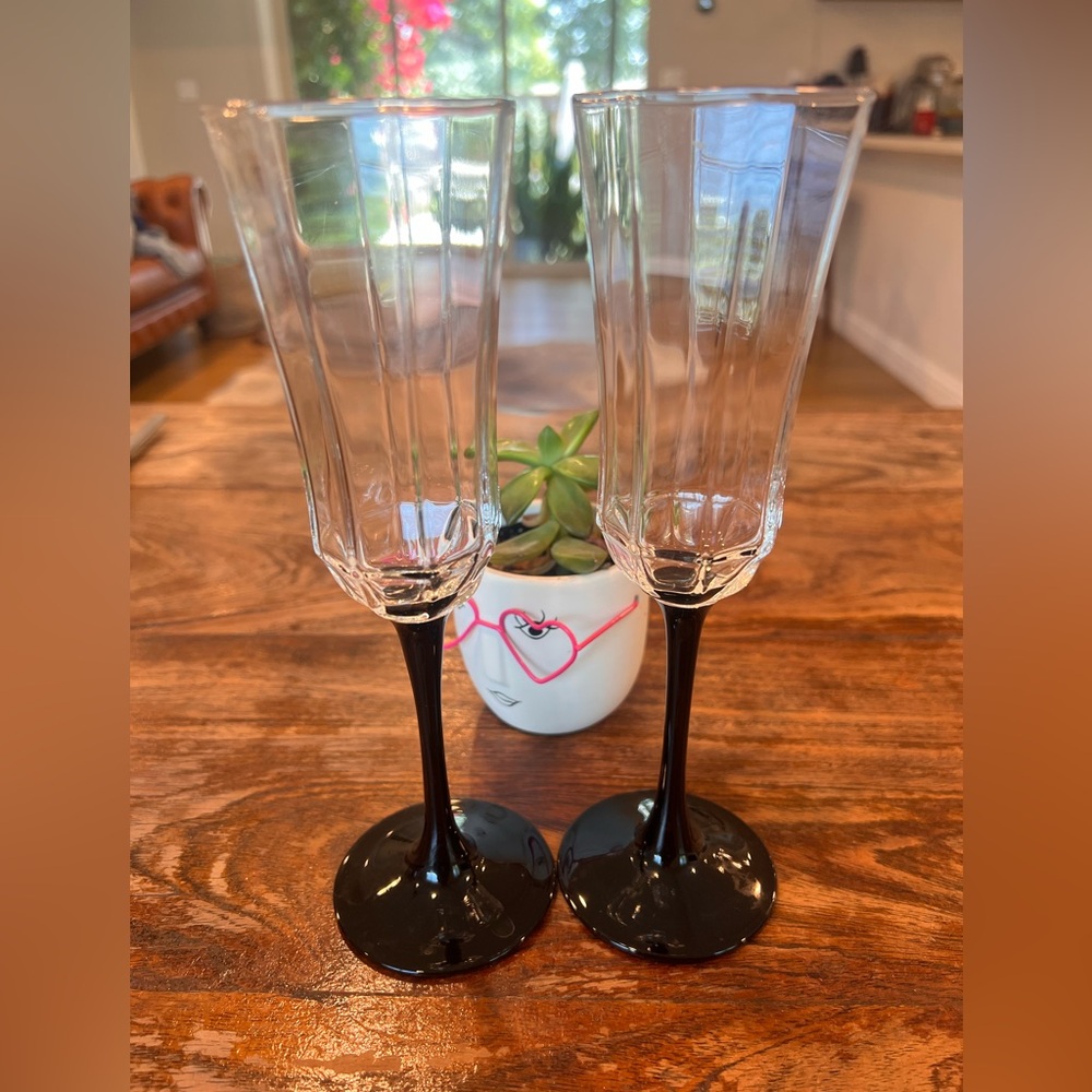 VINTAGE Luminarc Black Stem Octime Wine Glass BLACK STEM OCTAGON set of 2 FRANCE